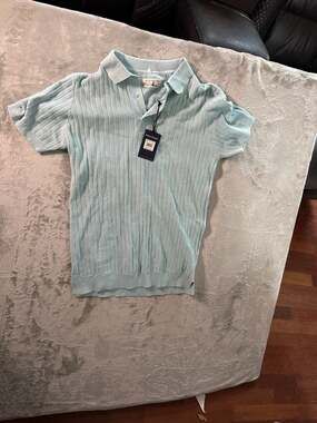 Rockport Men's Light Blue Short Sleeve Ribbed Knit Sweater Polo